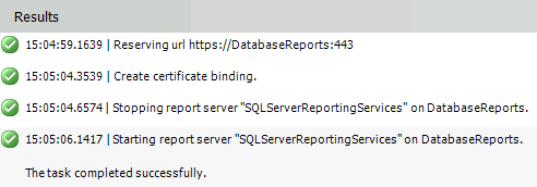 Screenshot of the Results window in the configuration tool. Messages indicate a successful certificate binding for the web portal.