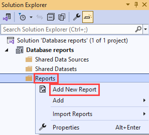 Screenshot of Solution Explorer that shows report item folders. The Reports folder, and in its shortcut menu, Add New Report, are highlighted.