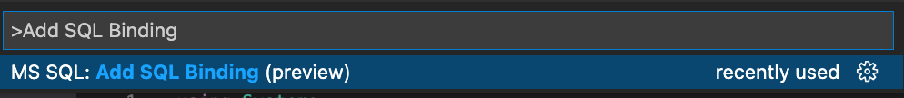 VS Code command palette command `MS SQL: Add SQL Binding (preview).