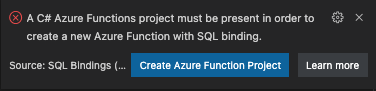 Screenshot of VS Code notification to create a new Azure Function project since none were found in folder.