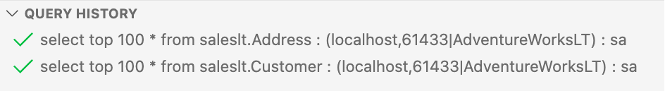 Screenshot of Query History tab with 2 select * queries listed with green check marks on the left.