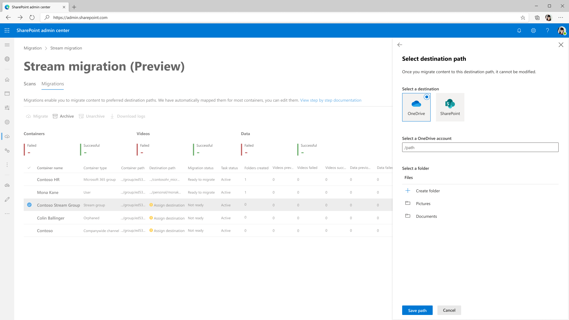 Migrations tab- container path assigned