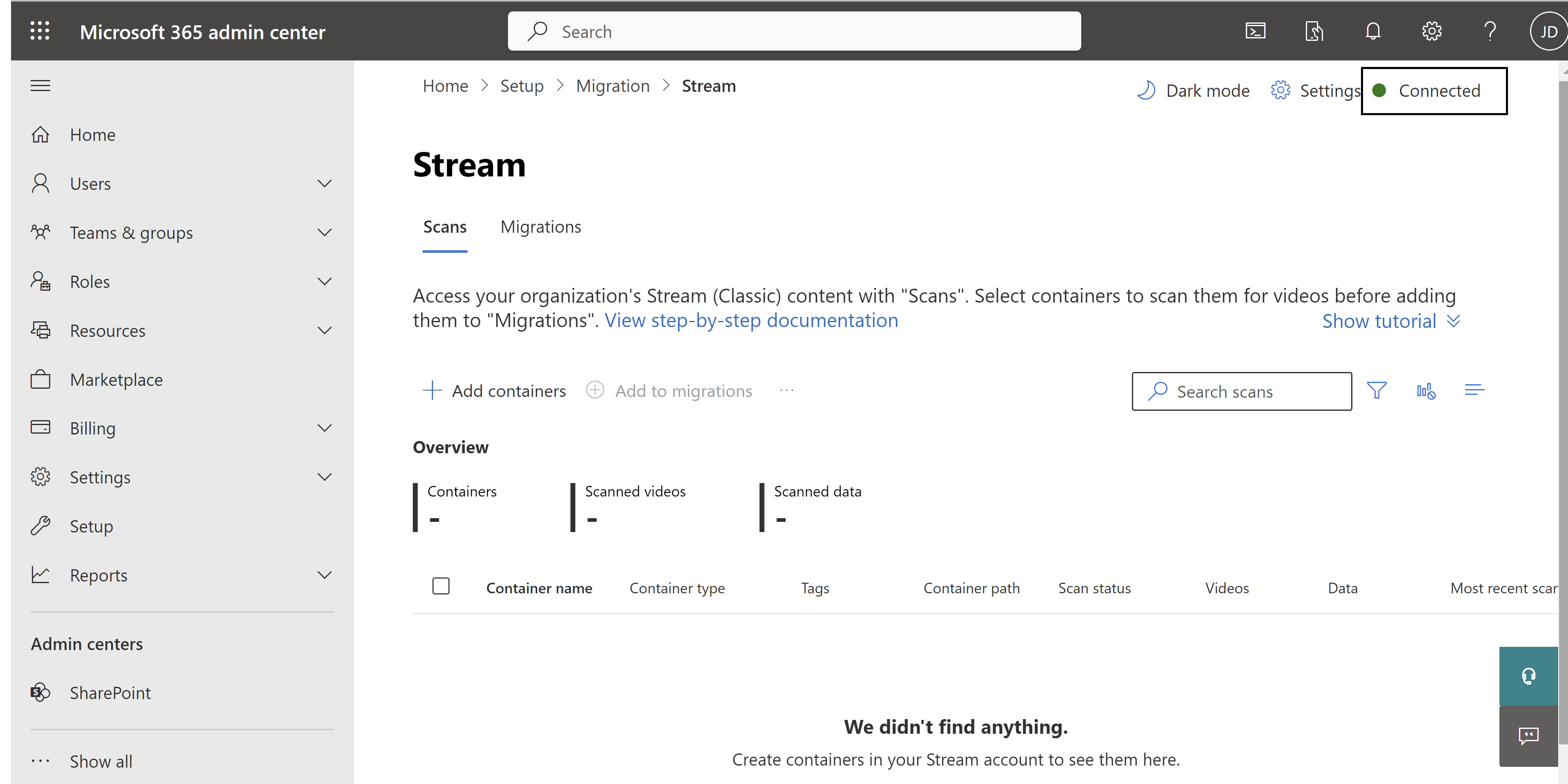 Migration tool page-Microsoft admin center connection status 