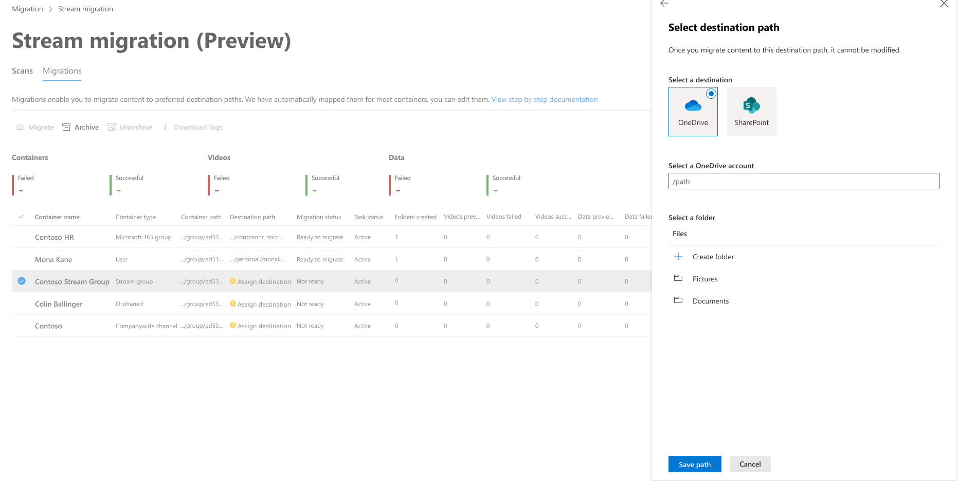 Migrations tab- container path assigned