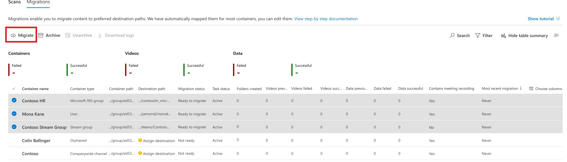 Migrations tab- container selected for migration