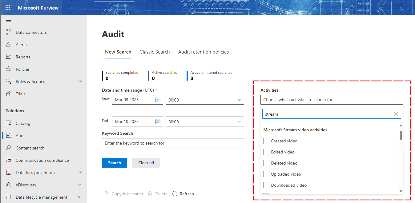 Audit logs deprecated Stream filter screenshot