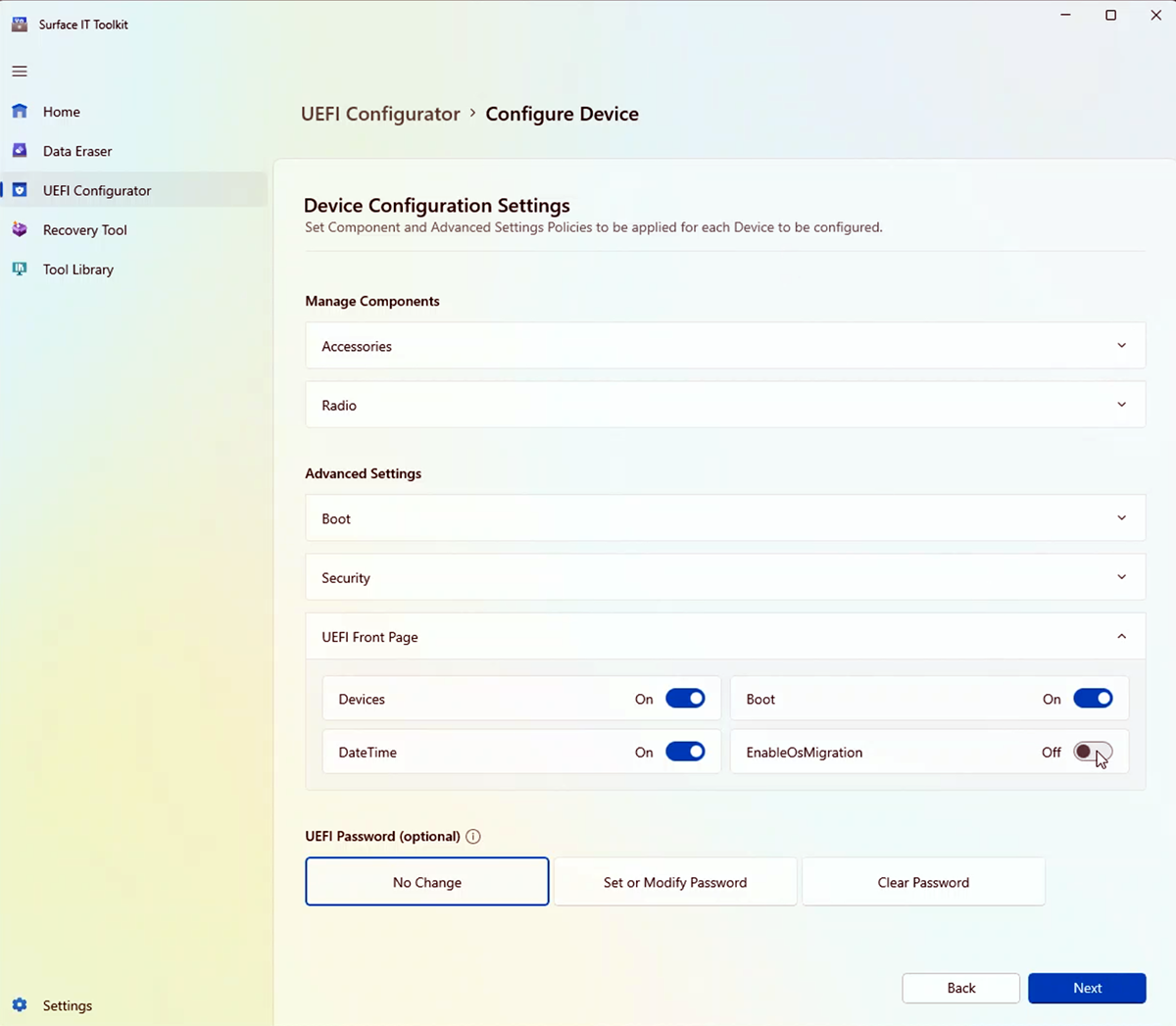 Screenshot that shows how to enable the OS migration UEFI setting on Surface Hub 2S.