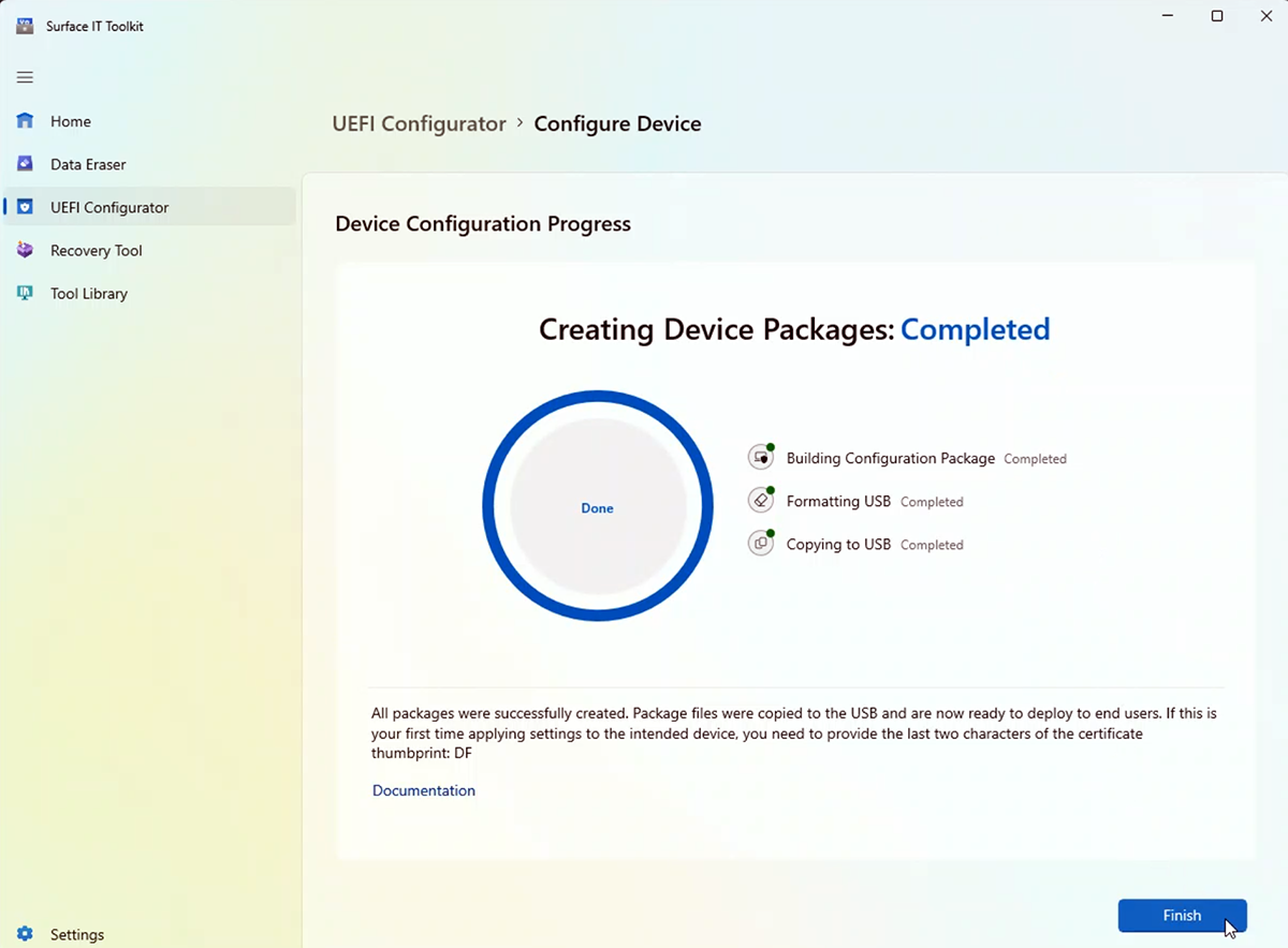 Screenshot that shows successful creation of SEMM package for Surface Hub 2S.