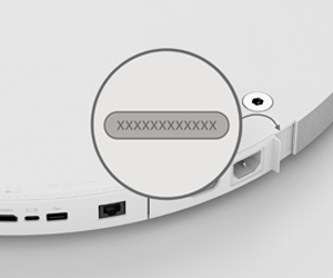 Screenshot that shows how to find the serial number printed on Surface Hub 2S and Surface Hub 3 near the power cord.