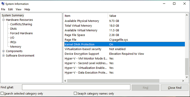 System information showing DMA Protection enabled.