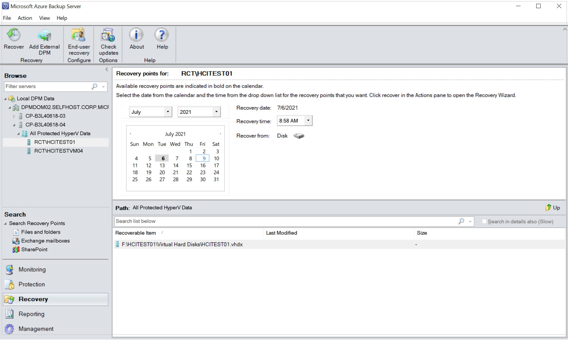 Screenshot of "Recovery points for" pane to recover files from Hyper-v VM.