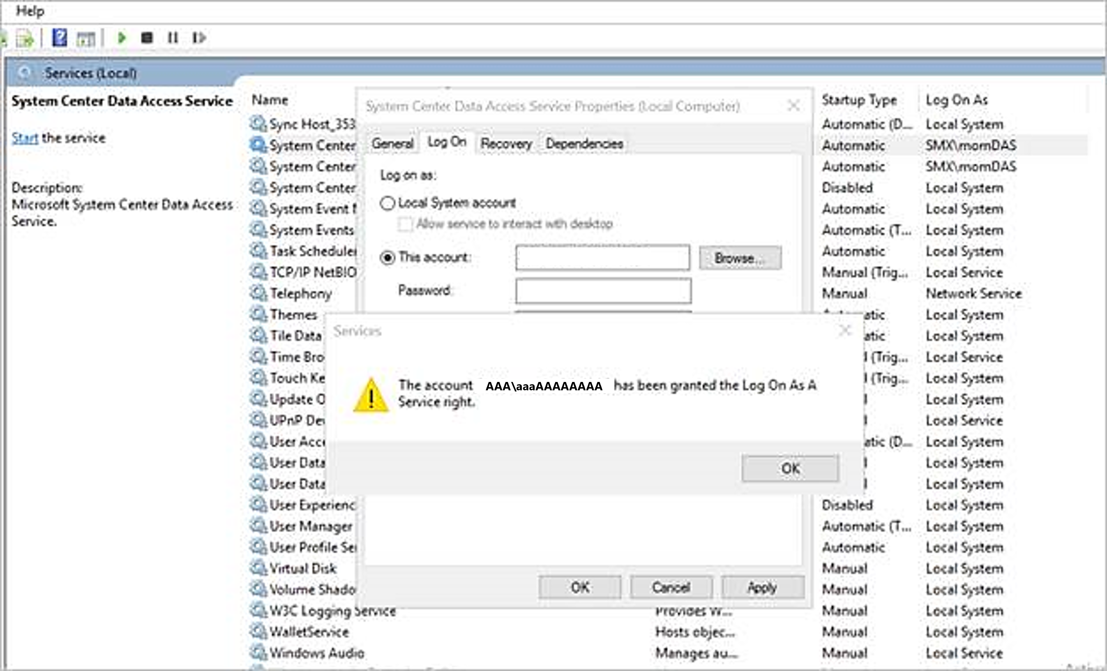 Screenshot of Log On As A Service right.