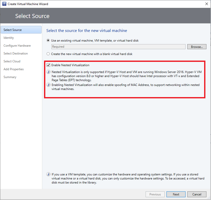 Screenshot of enable nested virtualization through Create Virtual Machine wizard.