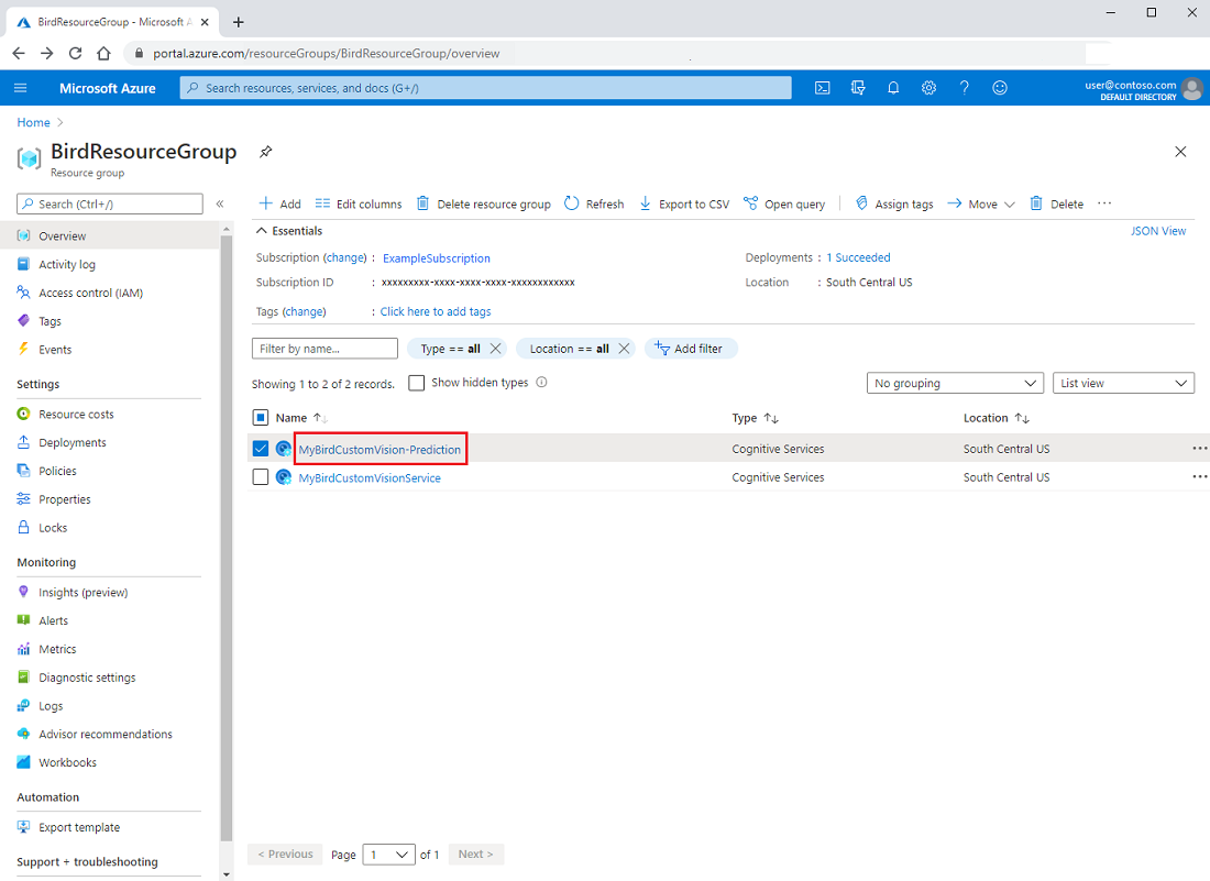 Screenshot that shows how to open the prediction resource in the Azure portal.