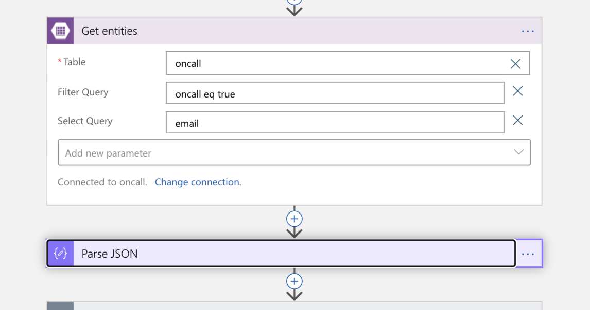 Screenshot of the Get entities block in Logic App Designer view of the Logic App.