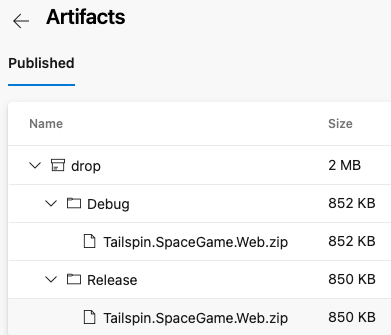 Screenshot of Azure Pipelines showing the packaged application for both Debug and Release configurations.