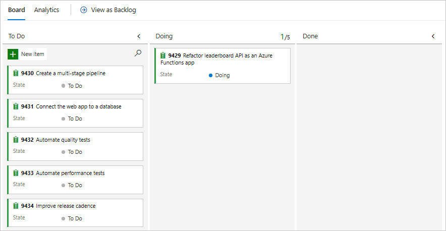 Screenshot of Azure Boards highlighting the work item card in the Doing column.