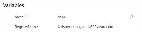 Screenshot of Azure Pipeline showing the variable group. The group contains one variable.