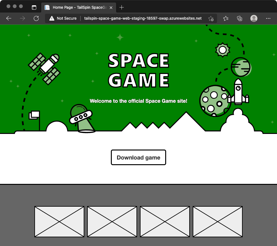 Screenshot of a browser that shows the Space Game website after reverting the change. The website shows the color and text changes.