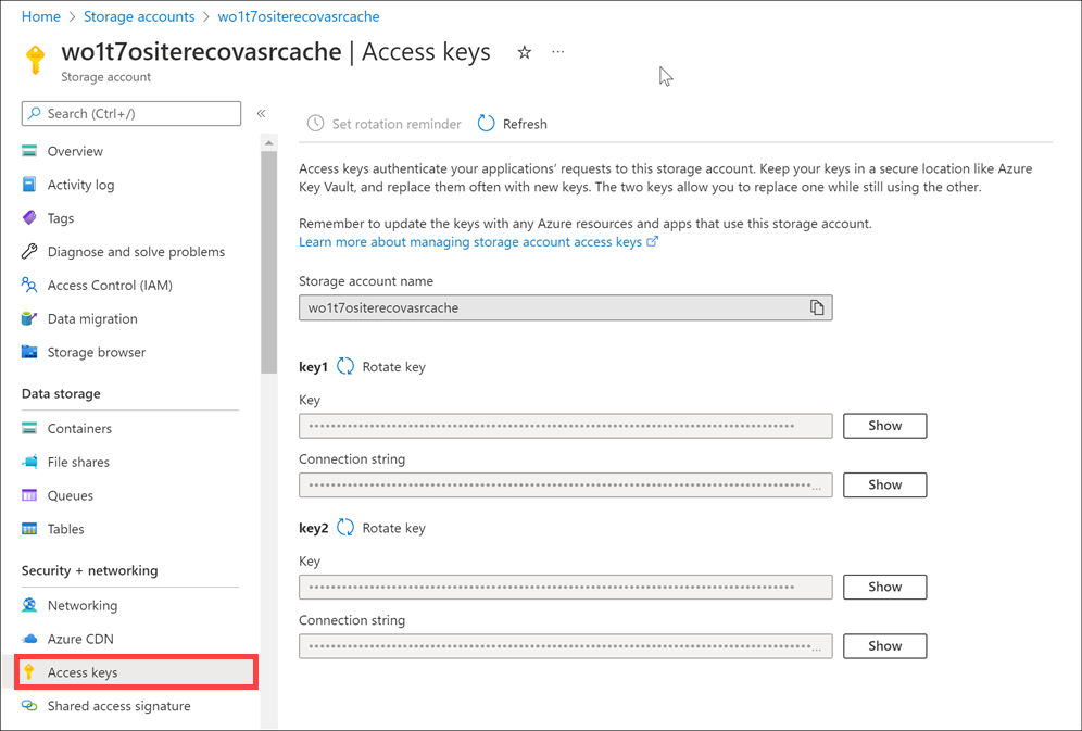 Screenshot showing the access keys in the Azure portal.