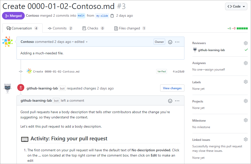 A screenshot of a pull request and a comment within the pull request.