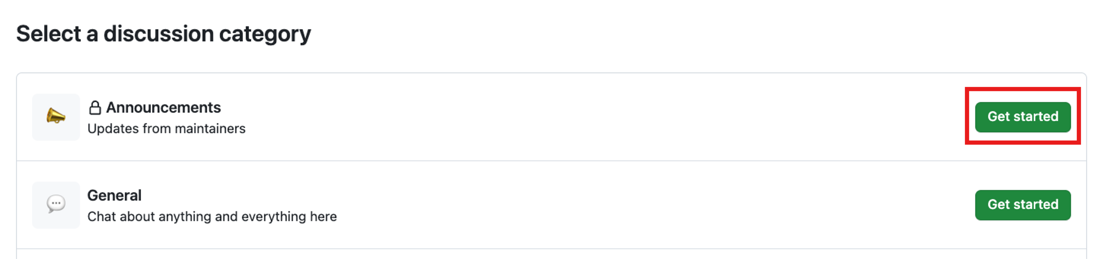 A screenshot of the select a discussion category menu selection, with the top option Announcements and the get started button highlighted.