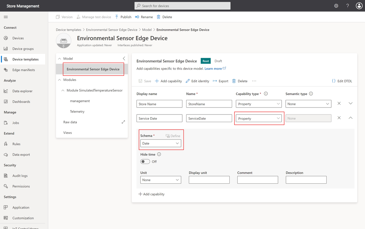 Screenshot that shows the cloud properties in the device template.