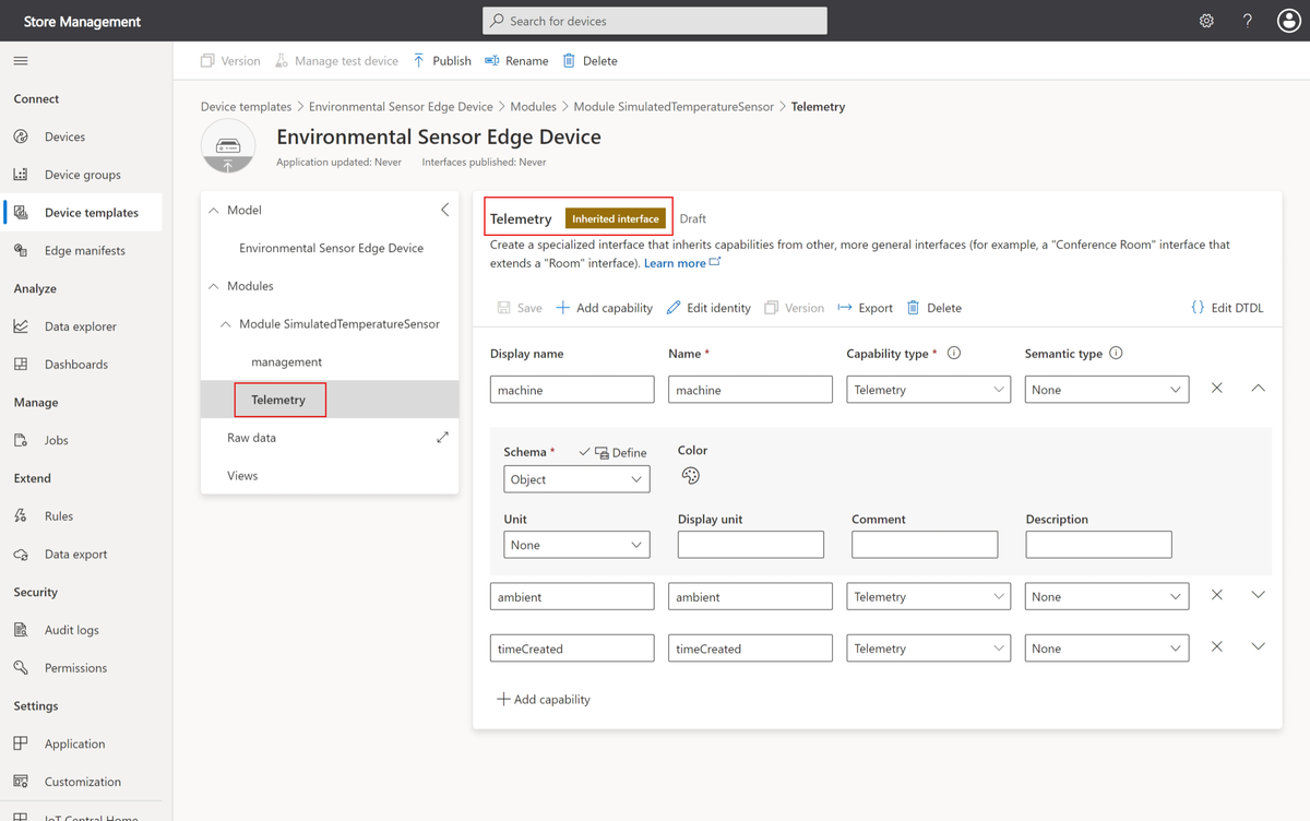 Screenshot that shows the telemetry interface in the device template.