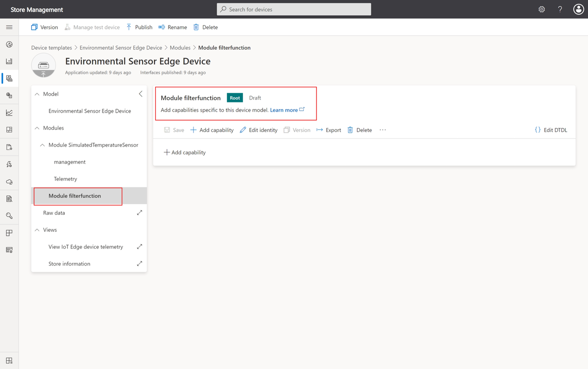 Screenshot that shows the FilterFunction module added to the device template.