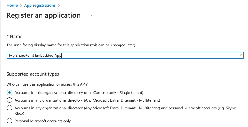 Screenshot of creating a new single-tenant Microsoft Entra ID application.