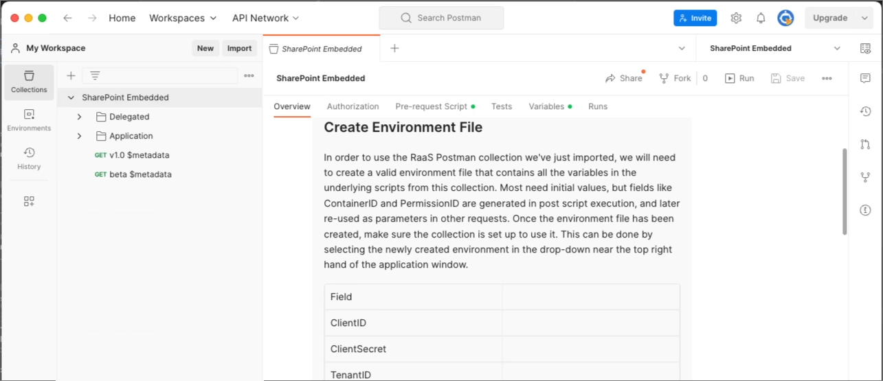 Screenshot of Postman SharePoint Embedded Collection.