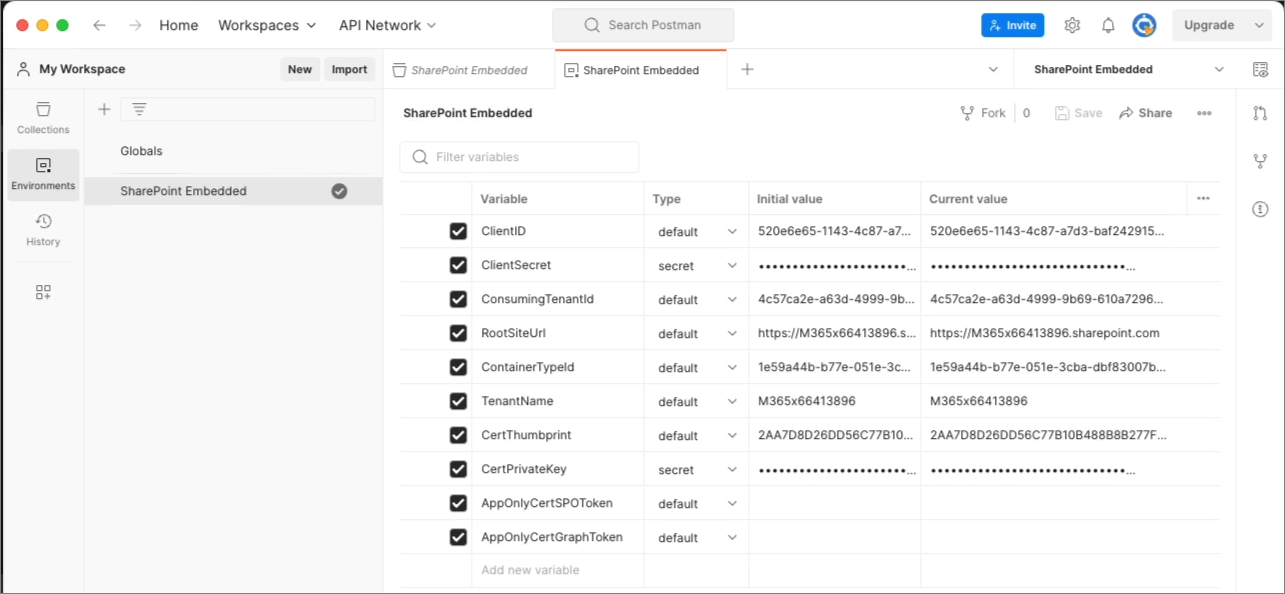 Screenshot of Postman environment values for the SharePoint Embedded collection.