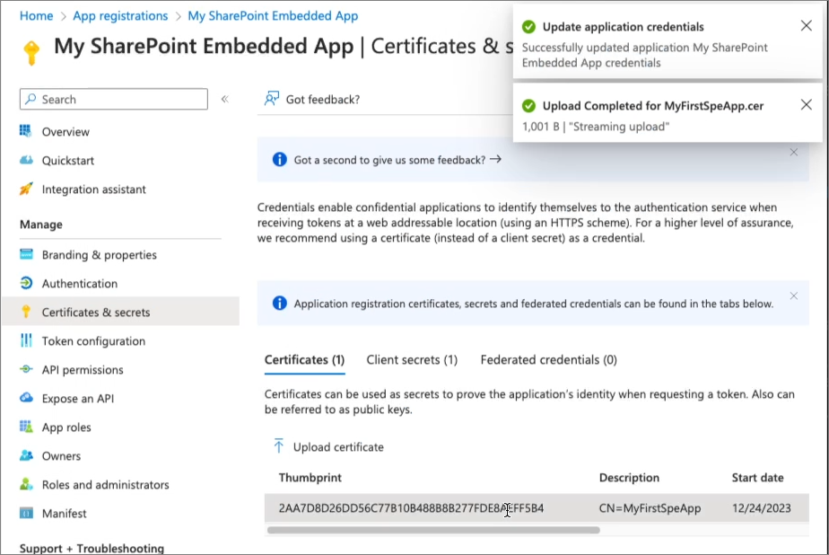 Screenshot of uploading the certificate to the Microsoft Entra ID application.