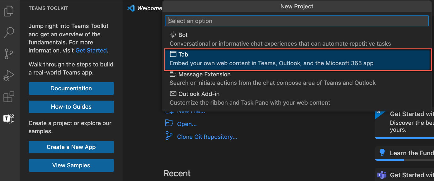 Screenshot of the Teams Toolkit option to tab app.