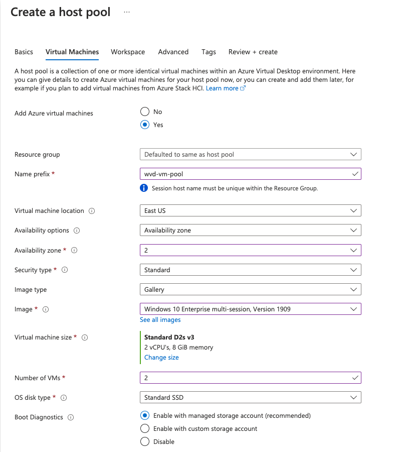 Screenshot of the Azure Virtual Desktop create host pool virtual machine tab.