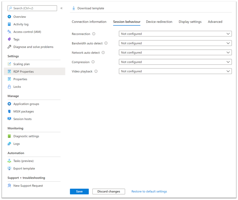 Screenshot that shows the RDP Properties text field with some redirection properties like audiocapturemode and audiomode set.