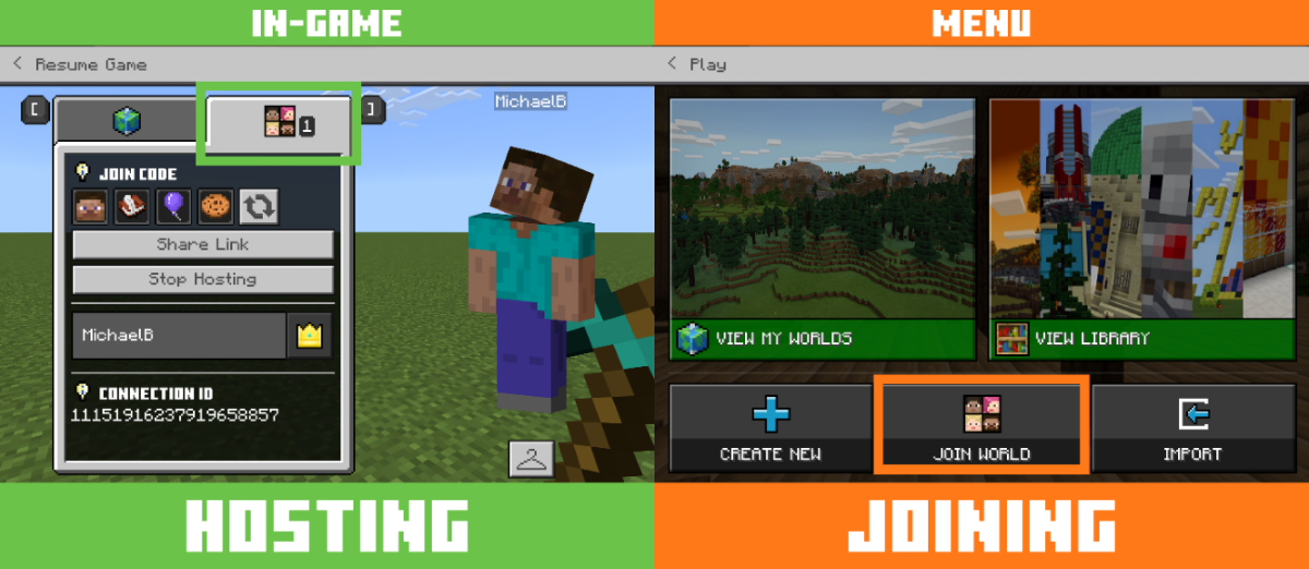 Screenshot of a split-screen showing two Minecraft Education interface screens: in-game hosting with a multiplayer menu open, and menu joining with options to enter worlds.