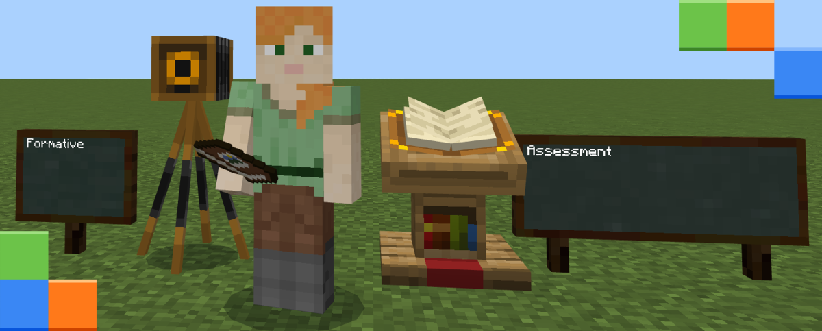 Screenshot of Minecraft character between two chalkboards that have the words Formative and Assessment written on them.