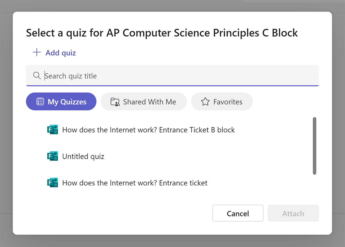 Screenshot of the option to choose an existing Microsoft Forms quiz when creating an assignment.