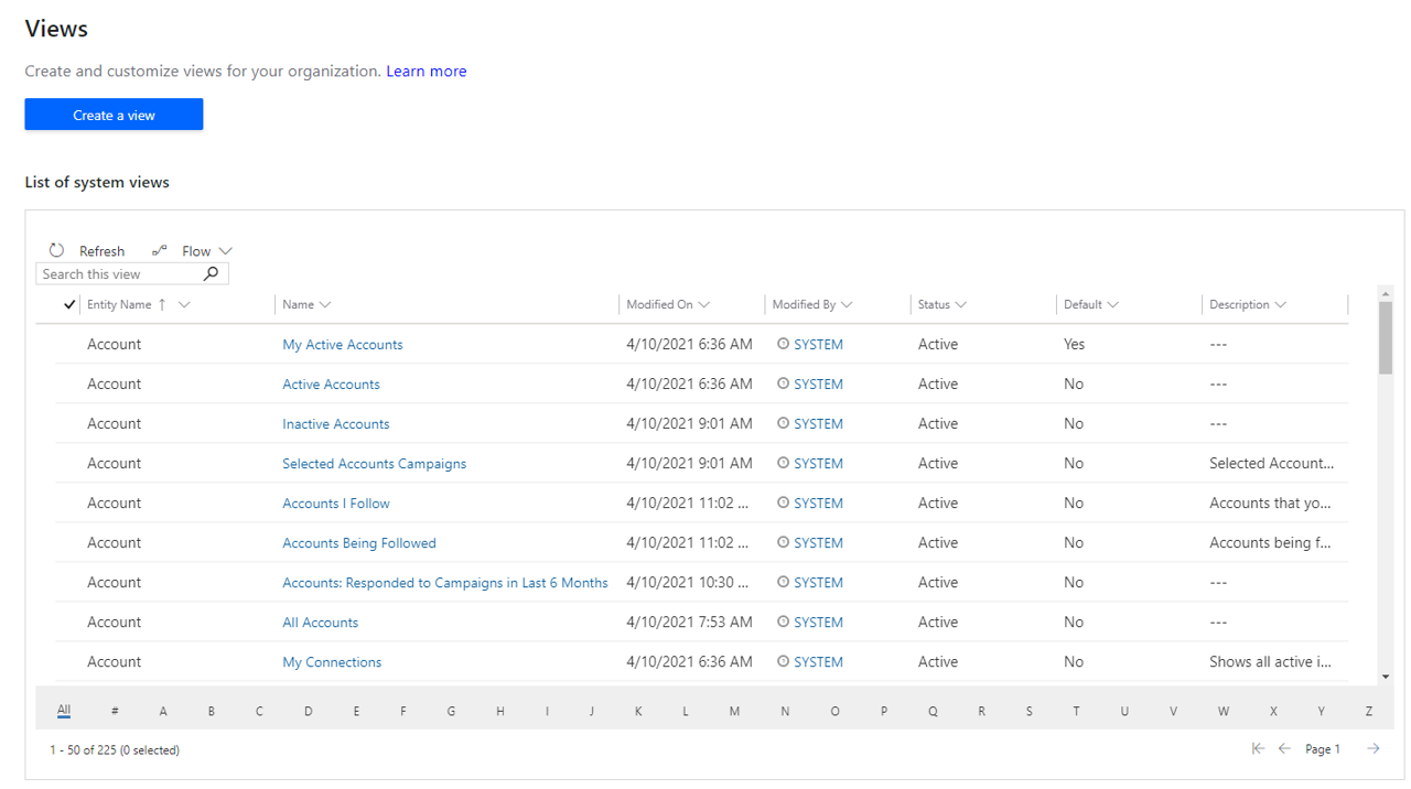 Sales Settings page showing a list of available system views.