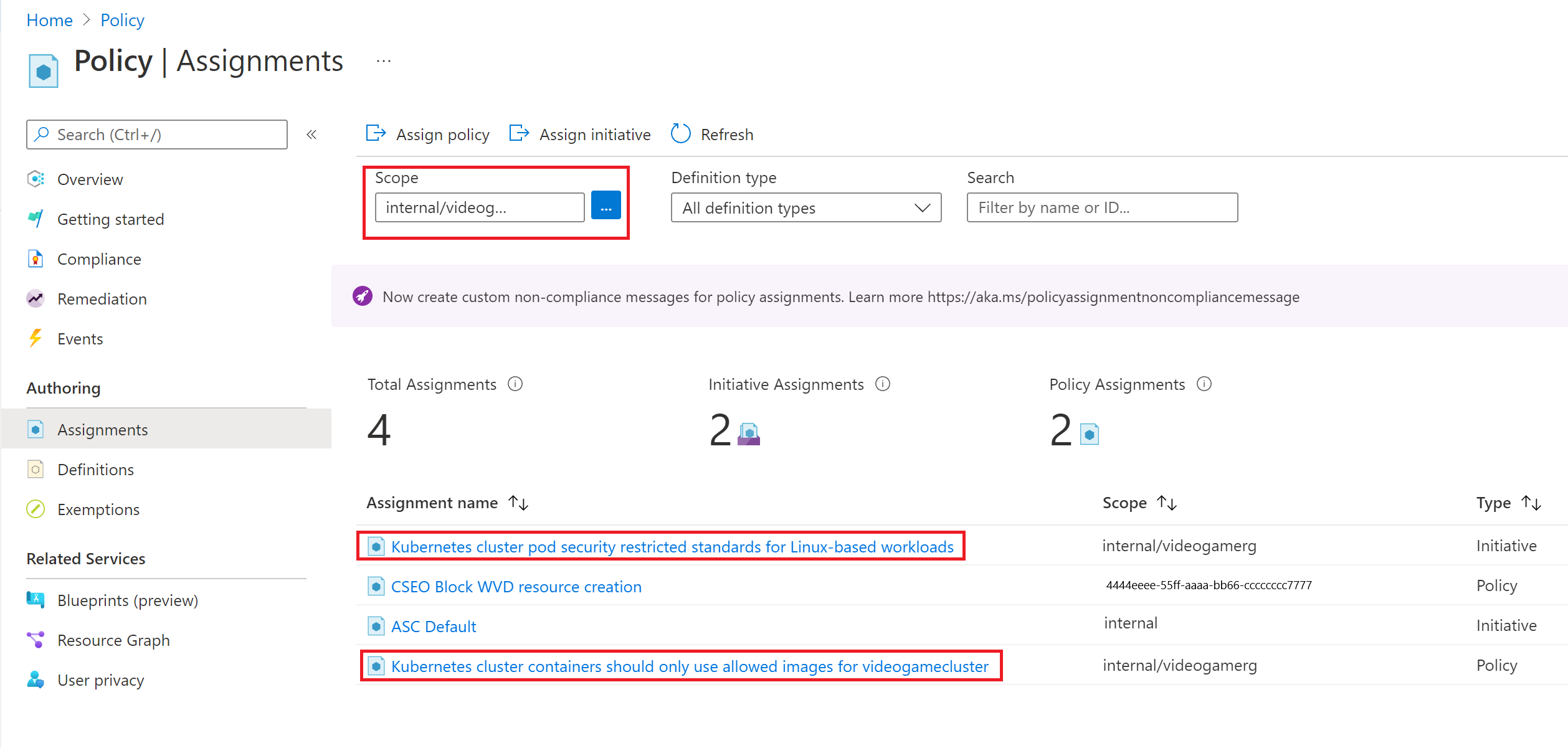 Screenshot showing Policy assignments to delete