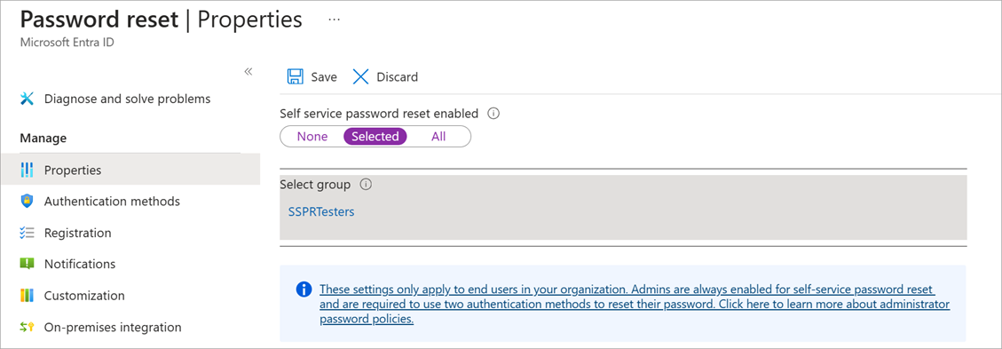 Screenshot of the Password Reset properties panel wwith SSPR enabled and selected group set to SSPRTesters.