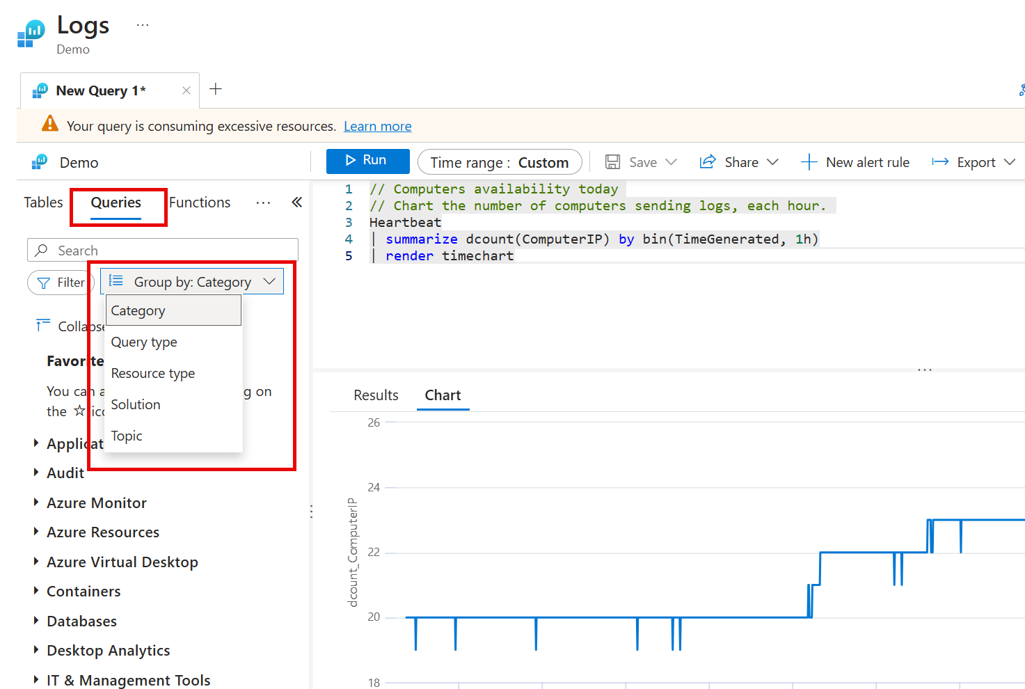 Screenshot of Group By dropdown options under Queries tab in side pane.