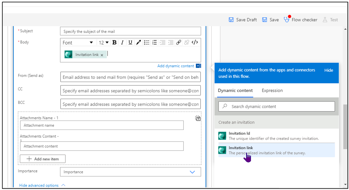 Flow invitation link with the Add dynamic content action clicked and Invitation link selected for the Body of the invitation.