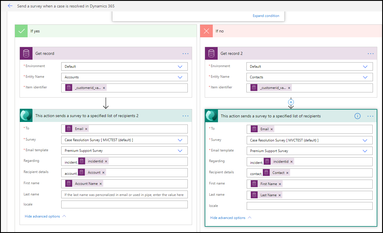 Survey email templates - screenshot shows the If yes flow and the If no flow.