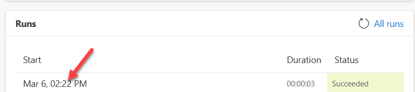 Flow run status - screenshot shows an arrow pointing to the date and time listing for a run.