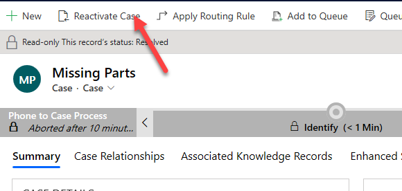 Reactivate case - screenshot shows an arrow pointing to Reactivate Case.