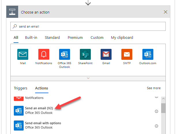 Send email action - screenshot shows an arrow pointing to Send an email (V2).