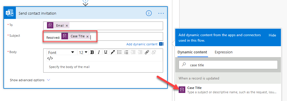 Email subject - screenshot shows an arrow pointing to Case Title in the Dynamic content search results.