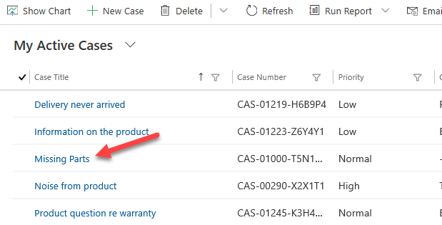 Open case record - screenshot shows an arrow pointing to Missing Parts.